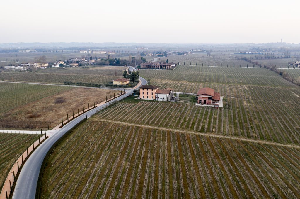 aerial panoramic landscape view road from village